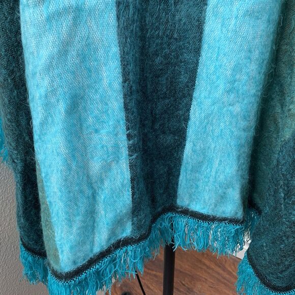 Alpaca Cotton Poncho Sweater Blue Stripe Button Hooded Sz OS Soft Cozy - Picture 8 of 10